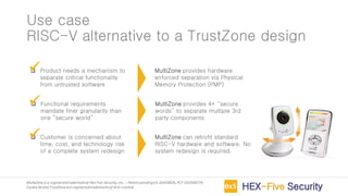 MultiZoneis a registeredtrademarkof Hex Five Security,Inc. – Patent pendingUS 16450826,PCT US1938774
Cortex-M and TrustZoneare registeredtrademarksof Arm Limited
Use case
RISC-V alternative to a TrustZone design
❑ Product needs a mechanism to
separate critical functionality
from untrusted software
❑ Functional requirements
mandate finer granularity than
one “secure world”
❑ Customer is concerned about
time, cost, and technology risk
of a complete system redesign
MultiZone provides hardware
enforced separation via Physical
Memory Protection (PMP)
✓
MultiZone provides 4+ “secure
words” to separate multiple 3rd
party components
✓
MultiZone can retrofit standard
RISC-V hardware and software. No
system redesign is required.
✓
 