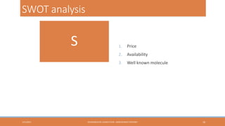SWOT analysis

S

Price

2.

Availability

3.

1/31/2013

1.

Well known molecule

HEXAGABLIN RE-LAUNCH PLAN - ABDELRHMAN TANTAWY

18

 