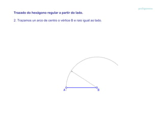 polígonos 2. Trazamos un arco de centro o vértice B e raio igual ao lado. Trazado do hexágono regular a partir do lado.  