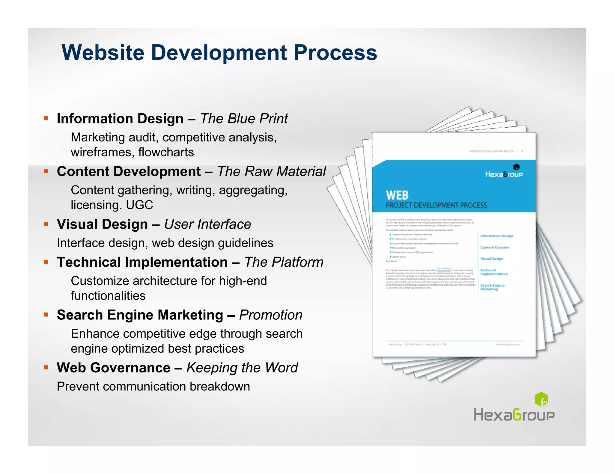 Website Development Process

Information Design – The Blue Print
  Marketing audit, competitive analysis,
  wireframes, flowcharts
Content Development – The Raw Material
  Content gathering, writing, aggregating,
  licensing. UGC
Visual Design – User Interface
Interface design, web design guidelines
Technical Implementation – The Platform
  Customize architecture for high-end
  functionalities
Search Engine Marketing – Promotion
  Enhance competitive edge through search
  engine optimized best practices
Web Governance – Keeping the Word
Prevent communication breakdown
 