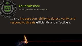 Copyright © 2015, Hexis Cyber Solutions, Inc. All rights reserved. Page 5
Your Mission:
Should you choose to accept it…
…is to increase your ability to detect, verify, and
respond to threats efficiently and effectively.
 