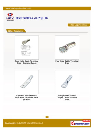 - Hex Lugs Terminal -


Other Products:




       Four Hole Cable Terminal   Four Hole Cable Terminal
        Ends - Economy Range                Ends




        Copper Cable Terminal        Long Barrel Tinned
       Ends With Extended Palm     Copper Cable Terminal
               (2 Hole)                     Ends
 