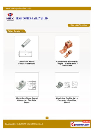 - Hex Lugs Terminal -


Other Products:




           Connector As Per       Copper One Hole Offset
          Autralian Standard      Tongue Terminal Ends /
                                       Connectors




        Aluminium Single Barrel   Aluminium Double Barrel
         Connectors One Hole        Connectors One Hole
                Mount                     Mount
 