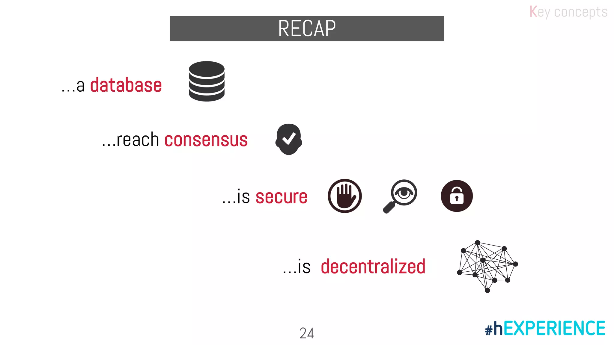 …a database
…reach consensus
…is secure
…is decentralized
RECAP
Key concepts
24
 