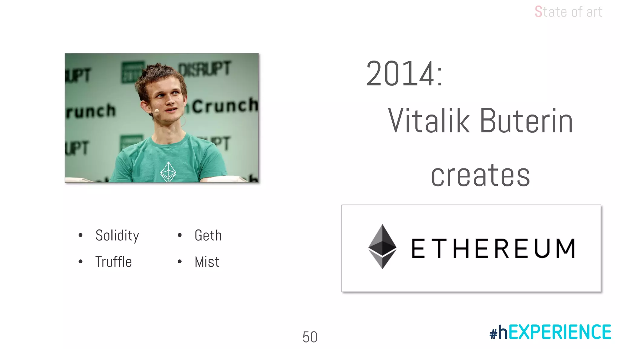 Vitalik Buterin
2014:
creates
50
State of art
• Solidity
• Truffle
• Geth
• Mist
 