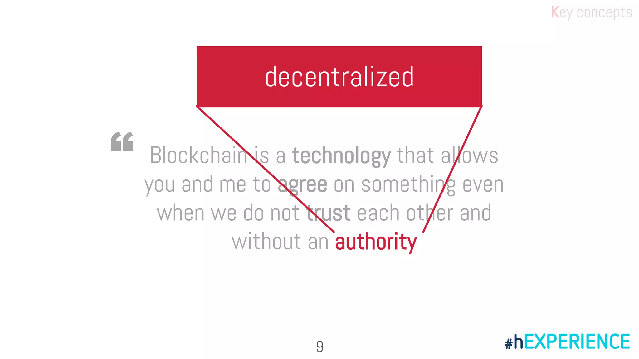 Blockchain is a technology that allows
you and me to agree on something even
when we do not trust each other and
without an authority
“
decentralized
Key concepts
9
 