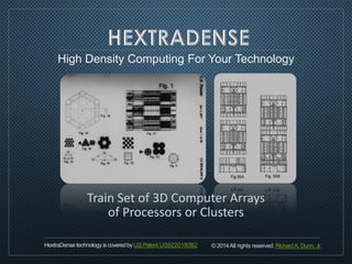 © 2014All rights reserved. RichardA. Dunn, Jr.
High Density Computing For Your Technology
Train Set of 3D Computer Arrays
of Processors or Clusters
HextraDense technology iscoveredby U.S.Patent US9220180B2
 