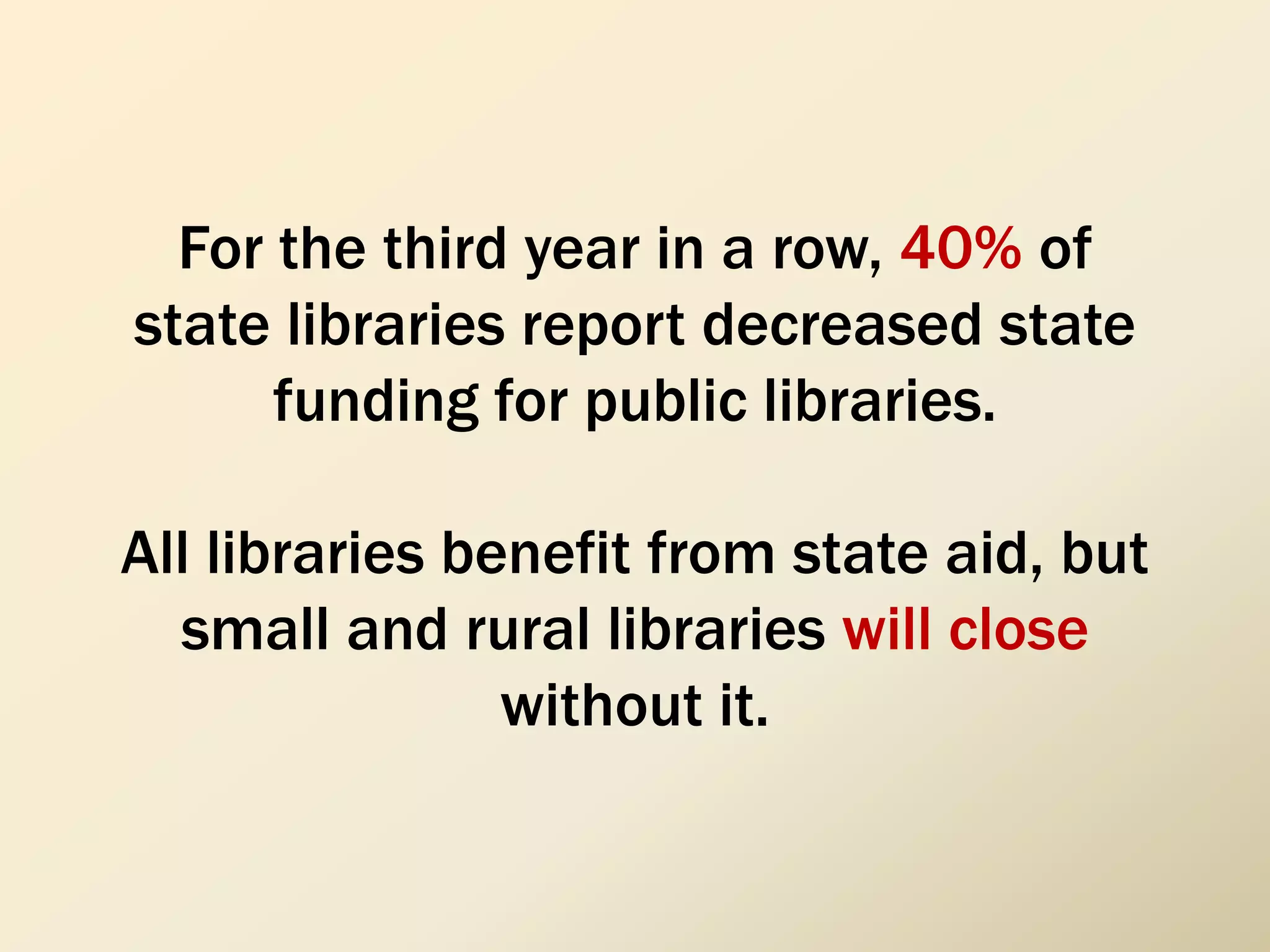 For the third year in a row, 40% of
state libraries report decreased state
funding for public libraries.
All libraries benefit from state aid, but
small and rural libraries will close
without it.
 