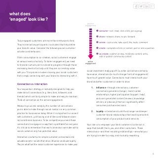 4
share this whitepaper
what does
‘enaged’ look like?
Truly engaged customers are more than enthusiastic fans.
They’re interactive participants in activities that help define
your brand’s value. Consider the following social customer
activities and behaviors:
From consumption to co-creation, social customers engage
at various levels of activity. To foster engagement, we need
to find and nurture users inclined to progress through those
increasing levels of activity until they are co-creating value
with you. This process involves moving your social customers
from simply connecting with your brand to interacting with it.
Connection vs. Interaction
Your acquisition strategy is naturally designed to help you
make lots of connections (e.g. likes, fans, followers, and
friends) which are fairly simple to make and easy to maintain.
Think of connection as the active engagement.
Measuring success solely by the number of connections
you’re able to make through social media is a very common
practice for businesses today. While it is important to connect
with customers, just having a lot of likes and followers does
not constitute a business. To be competitive you need those
connections to engage in a way that is profitable for everyone.
It’s critical to remember that each connection we make with a
social customer only has potential value.
Interaction is what turns simple customer connections into
valuable assets—assets that drive influence and build loyalty.
They’re what fuel the social customer experience to make your
social investment really pay off. So, while connections certainly
have value, interactions (a much stronger form of engagement)
have much greater value. Connections must interact with your
brand and other customers in order to drive:
1.	 Influence—through interactions, customer
connections generate stronger, more trusted
relationships, higher participation (support, help),
and user-generated content (reviews, knowledge
articles, or advocacy) that can significantly affect
consumer purchase decisions.
2.	 Loyalty—interactions build the stronger and deeper
customer-brand relationships that lead to persistent
consumption of your products and services.
Your role is to empower your best customers to interact in
ways that benefit them, you, and other customers. Those
interactions—and their resulting relationships—are what you
are trying to make fun, easy, and mutually rewarding.
 