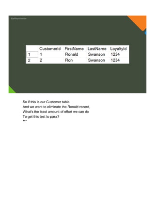 @jeffreymckenzie
So if this is our Customer table,
And we want to eliminate the Ronald record,
What's the least amount of effort we can do
To get this test to pass?
***
 