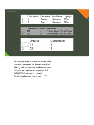 @jeffreymckenzie
So now we want to make our order table
Have all the orders for Ronald and Ron
Belong to Ron – what’s the least amount
Of code we need to accomplish this?
[UPDATE CustomerId column]
So let’s update our procedure…. ***
 