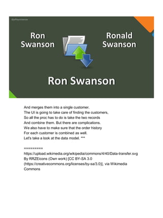 @jeffreymckenzie
Ron Swanson
Ron
Swanson
Ronald
Swanson
And merges them into a single customer.
The UI is going to take care of finding the customers,
So all the proc has to do is take the two records
And combine them. But there are complications.
We also have to make sure that the order history
For each customer is combined as well.
Let's take a look at the data model. ***
=========
https://upload.wikimedia.org/wikipedia/commons/4/40/Data-transfer.svg
By RRZEicons (Own work) [CC BY-SA 3.0
(https://creativecommons.org/licenses/by-sa/3.0)], via Wikimedia
Commons
 