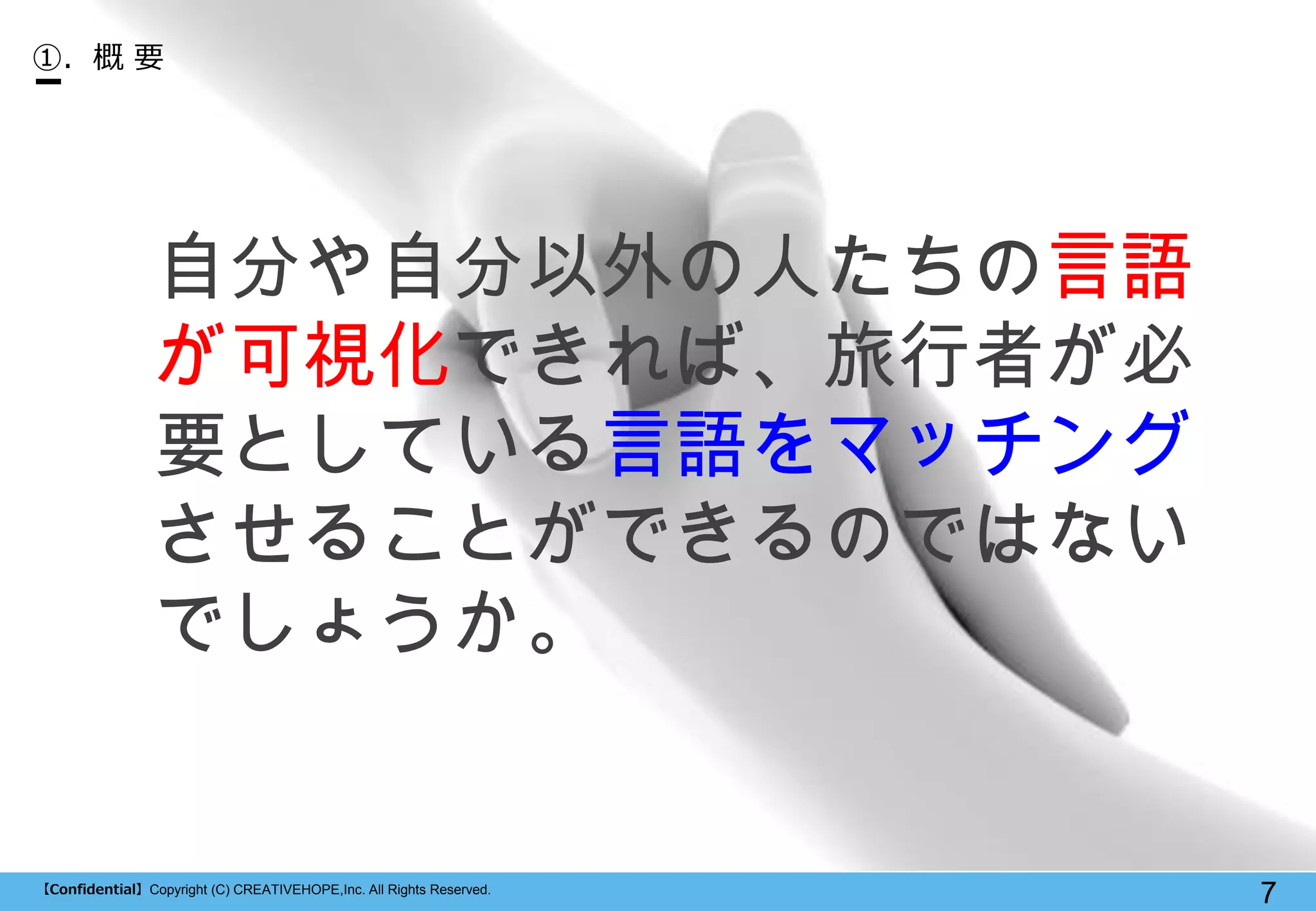 【Confidential】Copyright (C) CREATIVEHOPE,Inc. All Rights Reserved. 
7 
自分や自分以外の人たちの言語 が可視化できれば、旅行者が必 要としている言語をマッチング させることができるのではない でしょうか。 
①. 概 要  