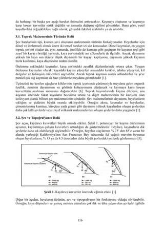 da herhangi bir başka şev aşağı hareket ihtimalini arttıracaktır. Kaymayı oluşturan ve kaymaya
karşı koyan kuvvetler statik değildir ve zamanla değişme eğilimi gösterirler. Buna göre, yerel
koşullardaki değişikliklere bağlı olarak, güvenlik faktörü azalabilir ya da artabilir.

3.1. Toprak Malzemesinin Türünün Rolü
Şev hareketinin tipi, kısmen şevi oluşturan malzemenin türünün fonksiyonudur. Heyelanlar için
dönel ve ötelenmeli olmak üzere iki temel hareket izi söz konusudur. Dönel kaymalar, en yaygın
toprak şevleri olsalar da, aynı zamanda, özellikle de kumtaşı gibi geçirgen bir kayanın şeyl gibi
zayıf bir kayayı örttüğü yerlerde, kaya şevlerindeki ani çökmelerle de ilgilidir. Ancak, dayanımı
yüksek bir kaya son derece düşük dayanımlı bir kayayı kaplıyorsa, dayanımı yüksek kayanın
hızla kesilmesi, kaya düşmesine neden olabilir.
Ötelenme şeklindeki kaymalar, kaya şevlerdeki zayıflık düzlemlerinde ortaya çıkar. Yaygın
ötelenme kaymaları olarak, kayadaki kayma yüzeyleri arasındaki kırıklar, tabaka yüzeyleri, kil
dolgular ve foliasyon düzlemleri sayılabilir. Ancak toprak kayması olarak adlandırılan ve şeve
paralel çok sığ kaymalar da bazı yörelerde meydana gelmektedir [1].
Üçüncüsü ise kesilen ağaçların köklerinin toprak içerisinde çürümesiyle meydana gelen organik
özellik, zeminin dayanımını ve görünür kohezyonunu düşürecek ve kaymaya karşı koyan
kuvvetlerin azalması sonucunu doğuracaktır [6]. Toprak kaymalarında kayma düzlemi, ana
kayanın üzerinde fakat kayaların bozunma ürünü ve diğer malzemelerin bir karışımı olan
kolüvyum olarak bilinen şev malzemesinin içindedir. Şev malzemelerinin dayanımı, heyelanların
sıklığını ve şiddetini büyük oranda etkileyebilir. Örneğin akma, kaymalar ve heyelanlar,
çimentolanmış kumtaşı, kireçtaşı yada granit gibi dayanımı yüksek kayalardan oluşan şevlerden
daha çok killi şevlerde veya zayıf volkanik malzemelerden oluşan şevlerde daha yaygındır [1].

3.2. Şev ve Topoğrafyanın Rolü
Şev açısı, kaydırıcı kuvvetleri büyük oranda etkiler. Şekil 1, potansiyel bir kayma düzleminin
açısının, kaydırmaya çalışan kuvvetleri arttırdığını da göstermektedir. Böylece, kaymaların dik
şevlerde daha sık olabileceği söylenebilir. Örneğin, heyelan olaylarının % 75’ den 85’e varan bir
alanda yerleştiği Kaliforniya’nın San Francisco Bay sahasında iki yağışlı mevsim boyunca
oluşan heyelanların, % 15 ya da 8.5 dereceden daha büyük şevlerdeki yerlerde gözlenmiştir [1].




                     Şekil 1. Kaydırıcı kuvvetler üzerinde eğimin etkisi [1]

Diğer bir açıdan, heyelanın türünün, şev ve topografyanın bir fonksiyonu olduğu söylenebilir.
Örneğin, kaya düşmeleri ve yamaç molozu akmaları çok dik ve dike yakın olan şevlerle ilgilidir




                                              116
 