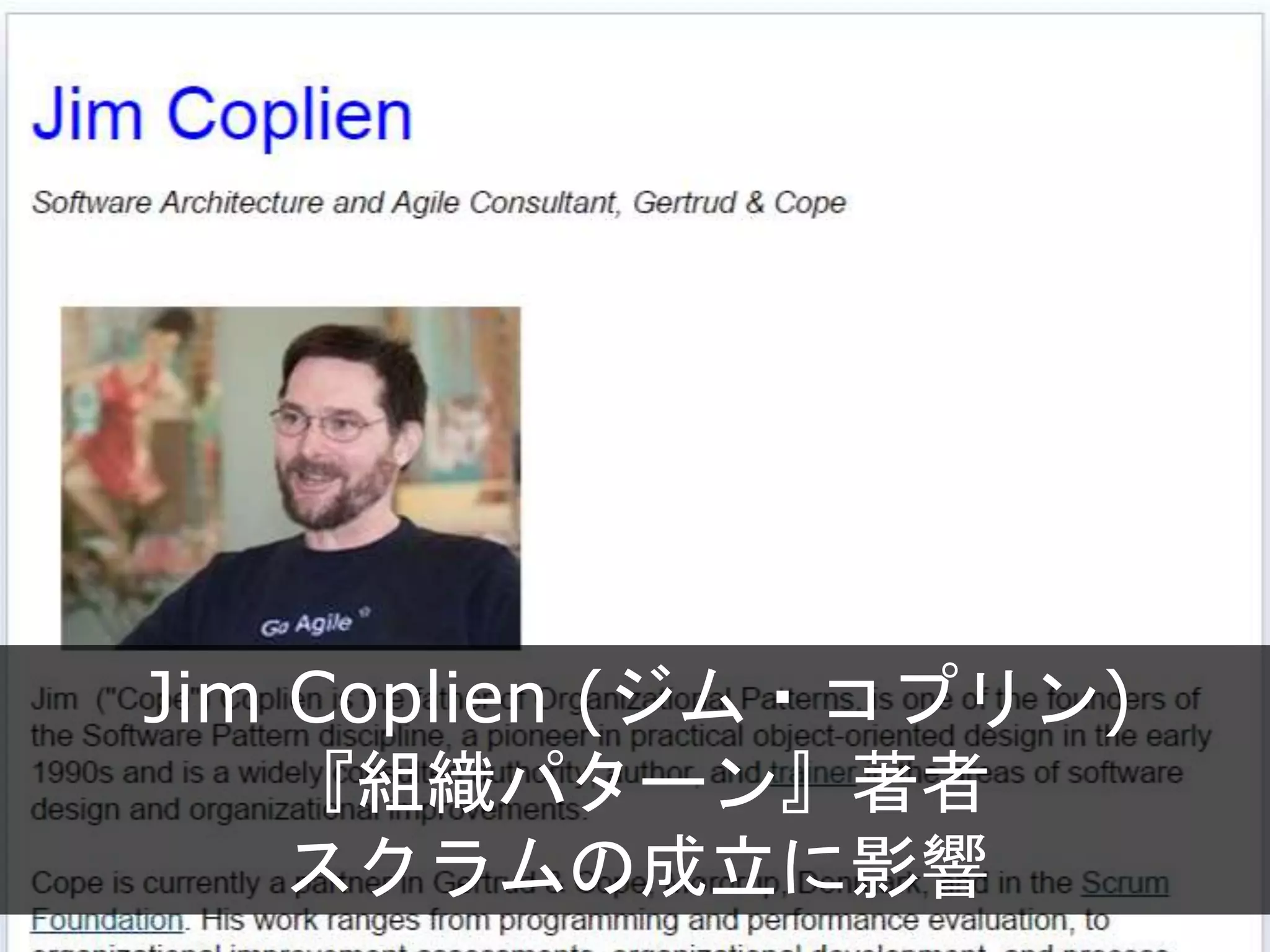 Jim Coplien (ジム・コプリン)
『組織パターン』著者
スクラムの成立に影響
 