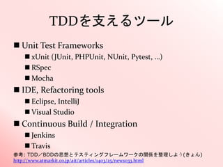 TDDを支えるツール
 Unit Test Frameworks
 xUnit (JUnit, PHPUnit, NUnit, Pytest, …)
 RSpec
 Mocha
 IDE, Refactoring tools
 Eclipse, IntelliJ
 Visual Studio
 Continuous Build / Integration
 Jenkins
 Travis
参考: TDD／BDDの思想とテスティングフレームワークの関係を整理しよう(きょん)
http://www.atmarkit.co.jp/ait/articles/1403/25/news033.html
 