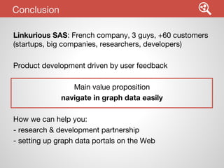 Conclusion
Linkurious SAS: French company, 3 guys, +60 customers
(startups, big companies, researchers, developers)
Product development driven by user feedback
Main value proposition
navigate in graph data easily
How we can help you:
- research & development partnership
- setting up graph data portals on the Web

 