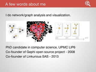 A few words about me
I do network/graph analysis and visualization.

PhD candidate in computer science, UPMC LIP6
Co-founder of Gephi open source project - 2008
Co-founder of Linkurious SAS - 2013

 