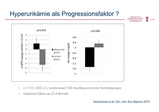 Hyperurikämie als Progressionsfaktor ?
Goicoechea et al, Clin J Am Soc Nephrol 2010
• n = 113, CKD ≥ 3, randomisiert 100 mg Allopurinol oder Kontrollgruppe
• medianes follow-up 23.4 Monate
 