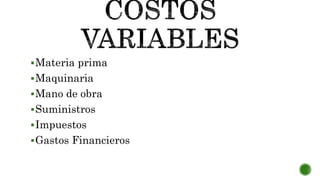 Materia prima
Maquinaria
Mano de obra
Suministros
Impuestos
Gastos Financieros
 