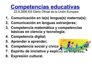 Competencias educativas   22.9.2006 ES Diario Oficial de la Unión Europea Comunicación en la(s) lengua(s) materna(s); Comunicación en lenguas extranjeras; Competencia matemática y competencias básicas en ciencia y tecnología; Competencia digital; Aprender a aprender; Competencia social y cívica; Espíritu de iniciativa y espíritu de empresa; Expresión cultural.  