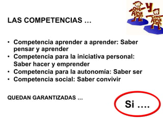 • Competencia aprender a aprender:
Saber pensar y aprender
• Competencia para la iniciativa personal:
Saber hacer y emprender
• Competencia para la autonomía: Saber ser
• Competencia social: Saber convivir
QUEDAN GARANTIZADAS …
Si ….
LAS COMPETENCIAS …
 