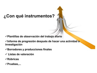 Plantillas de observación del trabajo diario
Informe de progresión después de hacer una actividad o
investigación
Borradores y producciones finales
 Listas de valoración
Rúbricas
Pruebas,...
¿Con qué instrumentos?
 