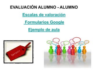 EVALUACIÓN ALUMNO - ALUMNO
Escalas de valoración
Formularios Google
Ejemplo de aula
 