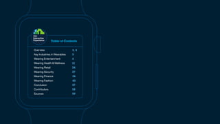 Table of Contents
Overview 3, 4
Key Industries in Wearables 5
Wearing Entertainment 6
Wearing Health & Wellness 12
Wearing...