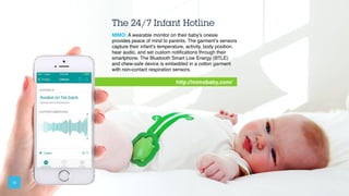 http://mimobaby.com/
The 24/7 Infant Hotline
MIMO: A wearable monitor on their baby’s onesie
provides peace of mind to par...