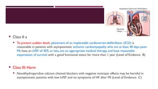  Class II a
 To prevent sudden death, placement of an implantable cardioverter-defibrillator (ICD) is
reasonable in patients with asymptomatic ischemic cardiomyopathy who are at least 40 days post-
MI, have an LVEF of 30% or less, are on appropriate medical therapy, and have reasonable
expectation of survival with a good functional status for more than 1 year (Level of Evidence: B)
 Class III: Harm
 Nondihydropyridine calcium channel blockers with negative inotropic effects may be harmful in
asymptomatic patients with low LVEF and no symptoms of HF after MI (Level of Evidence: C)
 