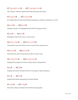 <figcaption> … </figcaption>
The <ﬁgure> element caption that helps describes the ﬁgure.
<figure> … </figure>
An independent content block featuring diagrams, photos, illustrations or more.
<mark> … </mark>
Displays a portion of highlighted text within the page content.
<nav> … </nav>
Navigation links for the user in a document.
<menuitem> … </menuitem>
The speciﬁc menu item that a user can raise from a popup menu.
<meter> … </meter>
Describes the scalar measurement within a known array.
<progress> … </progress>
Displays the progress of a task, usually used for progress bar.
<rp> … </rp>
Displays text within browsers that do not support ruby annotations.
<rt> … </rt>
Displays East Asian typography character details.
<ruby> … </ruby>
Describes a Ruby annotation for East Asian typography.
of22 23
 