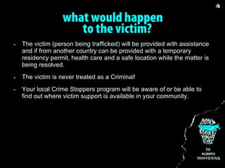 <ul><li>The victim (person being trafficked) will be provided with assistance and if from another country can be provided ...