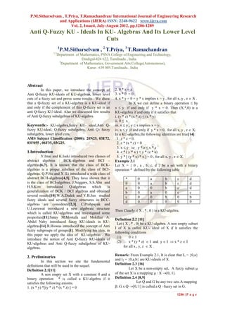 P.M.Sitharselvam , T.Priya, T.Ramachandran/ International Journal of Engineering Research
                 and Applications (IJERA) ISSN: 2248-9622 www.ijera.com
                        Vol. 2, Issue4, July-August 2012, pp.1286-1289
 Anti Q-Fuzzy KU - Ideals In KU- Algebras And Its Lower Level
                             Cuts
                       1
                       P.M.Sitharselvam , 2 T.Priya, 3 T.Ramachandran
                 1,2
                   Department of Mathematics, PSNA College of Engineering and Technology,
                                  Dindigul-624 622, Tamilnadu , India.
                    3
                     Department of Mathematics, Government Arts College(Autonomous),
                                     Karur– 639 005,Tamilnadu , India



Abstract
         In this paper, we introduce the concept of      2. 0 * x = x
Anti Q-fuzzy KU-ideals of KU-algebras, lower level       3. x * 0 = 0
cuts of a fuzzy set and prove some results . We show     4. x * y = 0 = y * x implies x = y , for all x, y , z  X .
that a Q-fuzzy set of a KU-algebra is a KU-ideal if                 In X we can define a binary operation  by
and only if the complement of this Q-fuzzy set is an     x  y if and only if y * x = 0. Then (X,*,0) is a
anti Q-fuzzy KU-ideal. Also we discussed few results     KU-algebra if and only if it satisfies that
of Anti Q-fuzzy subalgebras of KU-algebra.               i. (y * z) * (x * z) ≤ (x * y)
                                                         ii. 0 ≤ x
Keywords:- KU-algebra,fuzzy KU- ideal,Anti Q-            iii. x ≤ y , y ≤ x implies x = y.
fuzzy KU-ideal, Q-fuzzy subalgebra, Anti Q- fuzzy        iv. x  y if and only if y * x = 0, for all x, y , z  X.
subalgebra, lower level cuts.                            In a KU-algebra,the following identities are true[14]:
AMS Subject Classification (2000): 20N25, 03E72,           1. z * z = 0.
03F055 , 06F35, 03G25.                                     2. z * (x * z) = 0
                                                           3. x  y  y * z ≤ x * z
1.Introduction                                             4. z * ( y * x ) = y * (z * x)
          Y.Imai and K.Iseki introduced two classes of     5. y * [ (y * x) * x ] = 0 , for all x, y , z  X.
abstract algebras : BCK-algebras and BCI –               Example 2.1
algebras[6,7]. It is known that the class of BCK-        Let X = { 0 , a , b, c, d } be a set with a binary
algebras is a proper subclass of the class of BCI-       operation * defined by the following table
algebras. Q.P.Hu and X .Li introduced a wide class of
abstract BCH-algebras[4,5]. They have shown that it             *        0        a         b        c        d
is the class of BCI-algebras. J.Neggers, S.S.Ahn and            0        0        a         b        c        d
H.S.Kim       introduced   Q-algebras      which    is          a        0        0         b        c        d
generalization of BCK / BCI algebras and obtained               b        0        a         0        c        c
several results[10].W.A.Dudek and Y.B.Jun studied               c        0        0         b        0        b
fuzzy ideals and several fuzzy structures in BCC-               d        0        0         0        0        0
algebras are considered[2,3]. C.Prabpayak and
U.Leerawat introduced a new algebraic structure
                                                         Then Clearly ( X , * , 0 ) is a KU-algebra.
which is called KU-algebras and investigated some
properties[11].Samy M.Mostafa and Mokthar A.
                                                         Definition 2.2 [11]
Abdel Naby introduced fuzzy KU-ideals in KU-
                                                          Let ( X , * , 0) be a KU-algebra. A non empty subset
algebras[14].R.Biswas introduced the concept of Anti
                                                         I of X is called KU- ideal of X if it satisfies the
fuzzy subgroups of groups[1]. Modifying his idea, in
                                                         following conditions
this paper we apply the idea of KU-algebras . We
                                                          (1)      0I
introduce the notion of Anti Q-fuzzy KU-ideals of
KU-algebras and Anti Q-fuzzy subalgebras of KU-           (2)      x * (y * z)  I and y  I  x * z  I
algebras.                                                      for all x , y, z  X .

                                                         Remark: From Example 2.1, It is clear that I1 = {0,a}
2. Preliminaries
                                                         and I2 = {0,a,b} are KU-ideals of X.
           In this section we site the fundamental
                                                         Definition 2.3 [16]
definitions that will be used in the sequel.
Definition 2.1[11]                                                 Let X be a non-empty set. A fuzzy subset 
           A non empty set X with a constant 0 and a     of the set X is a mapping  : X [0, 1].
binary operation * is called a KU-algebra if it          Definition 2.4 [8,9]
satisfies the following axioms.                                         Let Q and G be any two sets.A mapping
1. (x * y) *[(y * z) * (x * z) ] = 0                     : G x Q [0, 1] is called a Q –fuzzy set in G.

                                                                                                     1286 | P a g e
 