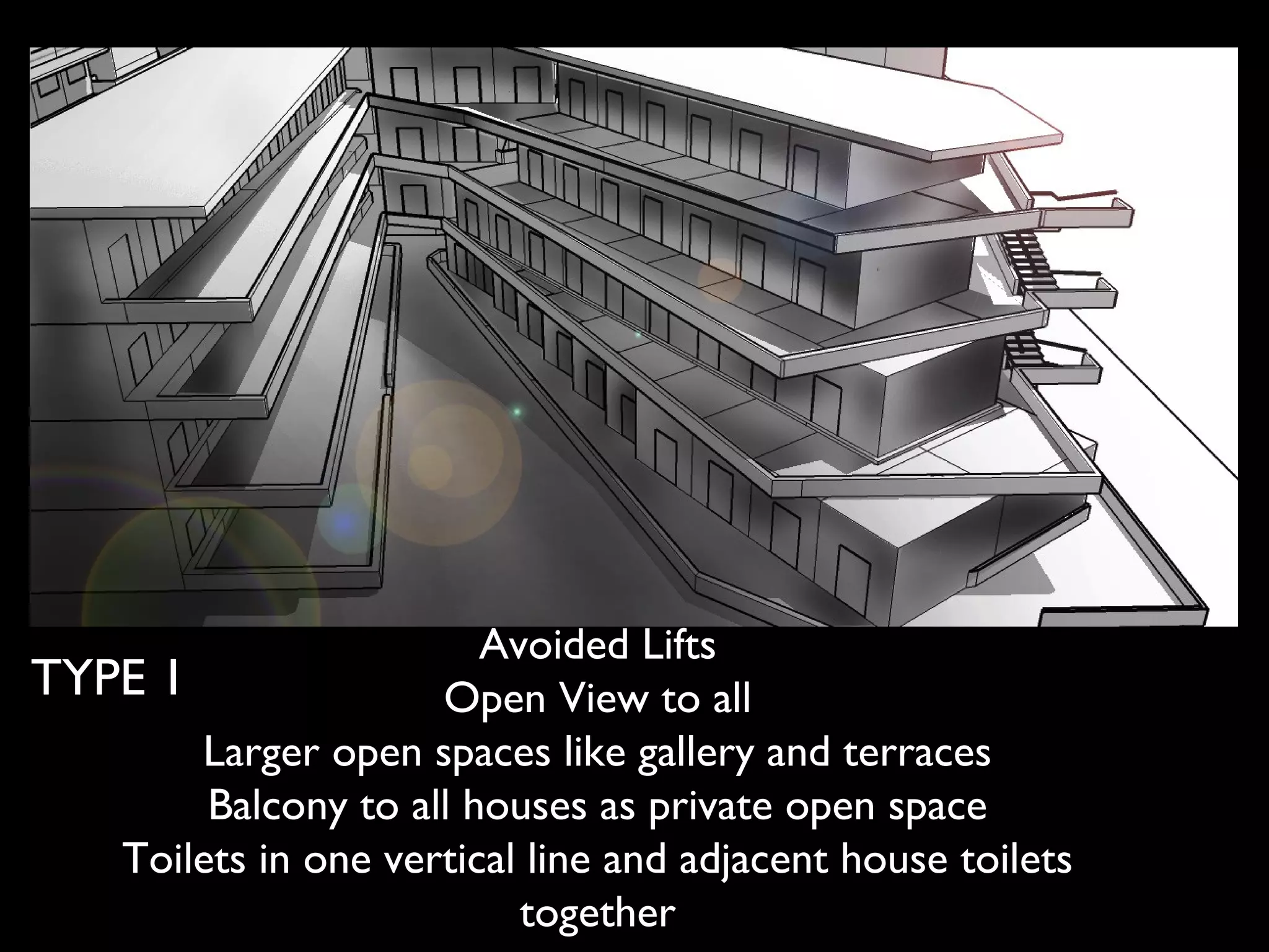 Avoided Lifts
Open View to all
Larger open spaces like gallery and terraces
Balcony to all houses as private open space
Toilets in one vertical line and adjacent house toilets
together
TYPE 1