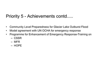 Priority 5 - Achievements contd..... Community Level Preparedness for Glacier Lake Outburst Flood Model agreement with UN OCHA for emergency response Programme for Enhancement of Emergency Response-Training on CSSR MFR HOPE 