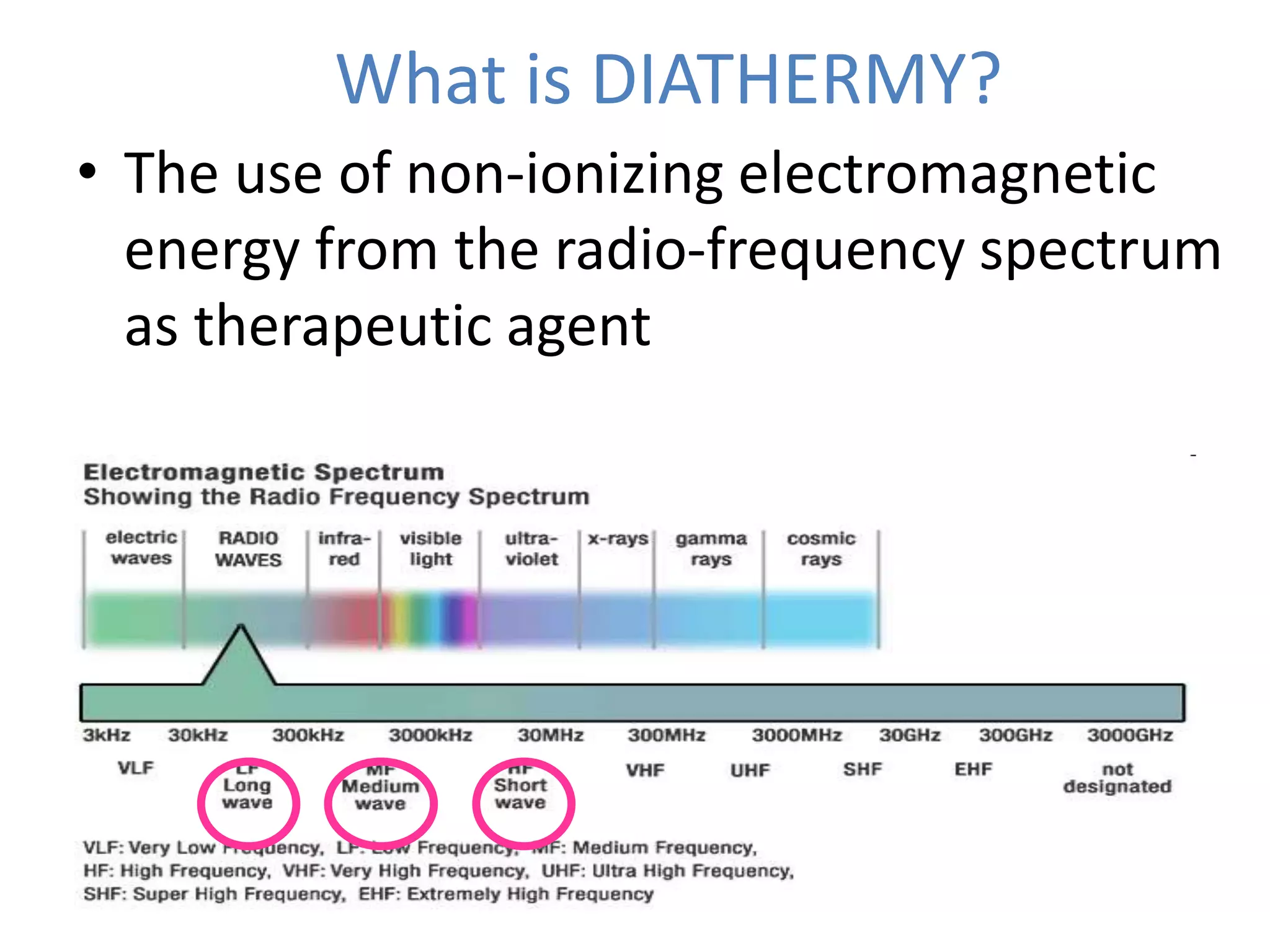 What is DIATHERMY?
• The use of non-ionizing electromagnetic
energy from the radio-frequency spectrum
as therapeutic agent
 
