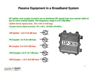 Passive Equipment in a Broadband System


RF splitter and coupler function are to distribute RF signal from one coaxial cable to
two or more coaxial cables. The frequency range is 5 to 1000 MHz.
•Splitter devise signal evenly. 50% x 50% in both legs.
•Coupler devise signal unevenly, 10% x 90%, 20%X80, 40%X60%.


•3N Splitter : 4.6 X 4.6 dB loss


7N Coupler: 3.4 X 8.4 dB loss


9N coupler: 2.4 X 9.7 dB loss


12N Coupler: 2.0 X 12.7 dB loss


16N Coupler : 1.9 X 16.6 dB loss


                                                                                 7
 