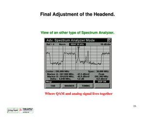 Final Adjustment of the Headend.


View of an other type of Spectrum Analyzer.




  Where QAM and analog signal lives together


                                               16
 