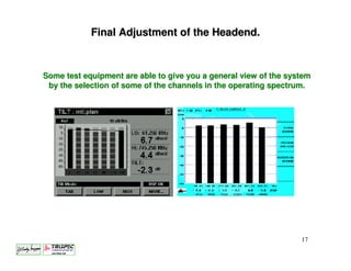 Final Adjustment of the Headend.



Some test equipment are able to give you a general view of the system
 by the selection of some of the channels in the operating spectrum.




                                                                  17
 