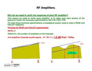 RF Amplifiers.

Why do we need to verify the response of each RF amplifier?
•The reason we need to verify each amplifier, is to make sure each section of the
spectrum meets the necessary specifications, like C/N, CSO, CTB.
•To meet these technical specifications a broadband system need to meet a PEAK and
VALLEY response.
•Formula for PEAK and VALLEY requirements:
•N/10 +1
•Where N = the number of amplifiers in the Cascade.
•A 6 amplifiers Cascade would require : 6 / 10 +1 = 1.6   dB Peak / Valley




                                                                             37
 