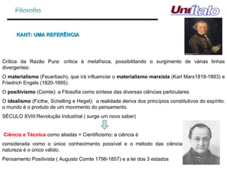 KANT: UMA REFERÊNCIA Crítica da Razão Pura: crítica à metafísica, possibilitando o surgimento de várias linhas divergentes: O  materialismo  (Feuerbach), que irá influenciar o  materialismo marxista  (Karl Marx1818-1883) e Friedrich Engels (1820-1895). O  positivismo  (Comte): a Filosofia como síntese das diversas ciências particulares O  idealismo  (Ficthe, Schelling e Hegel):  a realidade deriva dos princípios constitutivos do espírito: o mundo é o produto de um movimento do pensamento. SÉCULO XVIII:Revolução Industrial ( surge um novo saber) Ciência e Técnica  como aliadas = Cientificismo: a ciência é  considerada como o único conhecimento possível e o método das ciências da  natureza é o único válido. Pensamento Positivista ( Augusto Comte 1798-1857) e a lei dos 3 estados 