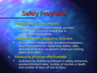 Safety ProgramsSafety Programs
1.1. Identify risks to the companyIdentify risks to the company
 identify hazards, hazard controls, accidentidentify hazards, hazard controls, accident
frequency, & company losses due tofrequency, & company losses due to
accidents/incident claimsaccidents/incident claims
2.2. Implement safety programs, includes:Implement safety programs, includes:
 management involvement, accident investigation,management involvement, accident investigation,
recommendations for equipment, safety rules,recommendations for equipment, safety rules,
personal protective equipment, employee training,personal protective equipment, employee training,
safety promotionsafety promotion
3.3. Measuring program effectivenessMeasuring program effectiveness
 evaluated by assessing changes in safety behaviors,evaluated by assessing changes in safety behaviors,
accident/incident rates, number of injuries or death,accident/incident rates, number of injuries or death,
and number of days off due to injuryand number of days off due to injury
 