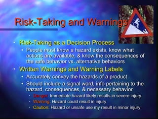 Risk-Taking and WarningsRisk-Taking and Warnings
• Risk-Taking as a Decision ProcessRisk-Taking as a Decision Process
• People must know a hazard exists, know whatPeople must know a hazard exists, know what
actions are available, & know the consequences ofactions are available, & know the consequences of
the safe behavior vs. alternative behaviorsthe safe behavior vs. alternative behaviors
• Written Warnings and Warning LabelsWritten Warnings and Warning Labels
• Accurately convey the hazards of a productAccurately convey the hazards of a product
• Should include a signal word, info pertaining to theShould include a signal word, info pertaining to the
hazard, consequences, & necessary behaviorhazard, consequences, & necessary behavior
• DangerDanger: Immediate hazard likely results in severe injury: Immediate hazard likely results in severe injury
• WarningWarning: Hazard could result in injury: Hazard could result in injury
• CautionCaution: Hazard or unsafe use my result in minor injury: Hazard or unsafe use my result in minor injury
 