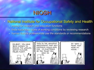 NIOSHNIOSH
• National Institute for Occupational Safety and HealthNational Institute for Occupational Safety and Health
– mainly for research and education functionsmainly for research and education functions
– finds hazardous types of working conditions by reviewing researchfinds hazardous types of working conditions by reviewing research
– human factors professionals use the standards or recommendationshuman factors professionals use the standards or recommendations
 
