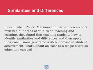 Similarities and Differences
Indeed, when Robert Marzano and partner researchers
reviewed hundreds of studies on teaching and
learning, they found that teaching students how to
identify similarities and differences and then apply
their conclusions generated a 45% increase in student
achievement. That’s about as close to a magic bullet as
educators can get!
 