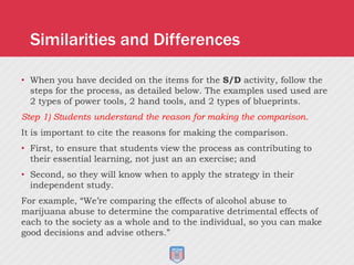 • When you have decided on the items for the S/D activity, follow the
steps for the process, as detailed below. The examples used used are
2 types of power tools, 2 hand tools, and 2 types of blueprints.
Step 1) Students understand the reason for making the comparison.
It is important to cite the reasons for making the comparison.
• First, to ensure that students view the process as contributing to
their essential learning, not just an an exercise; and
• Second, so they will know when to apply the strategy in their
independent study.
For example, “We’re comparing the effects of alcohol abuse to
marijuana abuse to determine the comparative detrimental effects of
each to the society as a whole and to the individual, so you can make
good decisions and advise others.”
Similarities and Differences
 