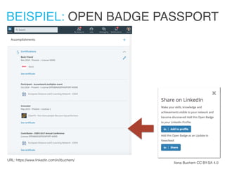 BEISPIEL: OPEN BADGE PASSPORT
Ilona Buchem CC BY-SA 4.0
URL: https://www.linkedin.com/in/ibuchem/
 