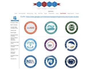 1.
Einsatzmöglichkeiten
2.
3.
Open BadgesQuelle: https://sites.google.com/site/openbadgesinhighereducation/case-studies
 