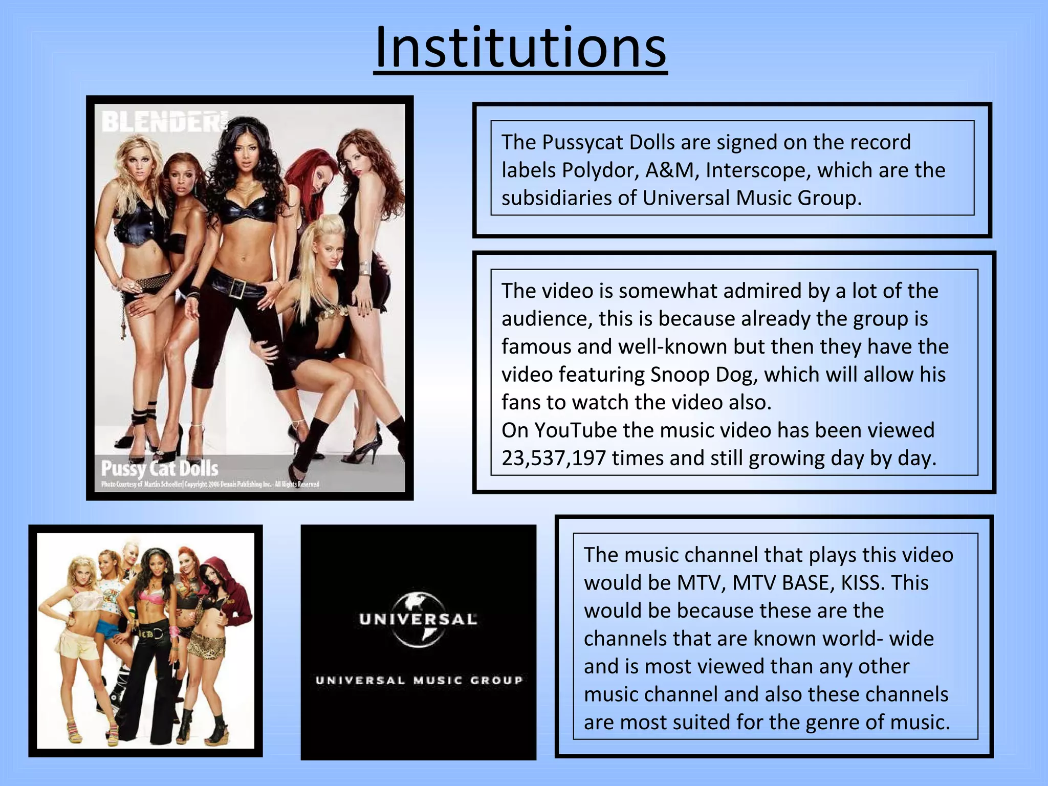 Institutions The Pussycat Dolls are signed on the record labels Polydor, A&M, Interscope, which are the subsidiaries of Universal Music Group.  The music channel that plays this video would be MTV, MTV BASE, KISS. This would be because these are the channels that are known world- wide and is most viewed than any other music channel and also these channels are most suited for the genre of music. The video is somewhat admired by a lot of the audience, this is because already the group is famous and well-known but then they have the video featuring Snoop Dog, which will allow his fans to watch the video also.  On YouTube the music video has been viewed 23,537,197 times and still growing day by day. The video is somewhat admired by a lot of the audience, this is because already the group is famous and well-known but then they have the video featuring Snoop Dog, which will allow his fans to watch the video also.  On YouTube the music video has been viewed 23,537,197 times and still growing day by day. 
